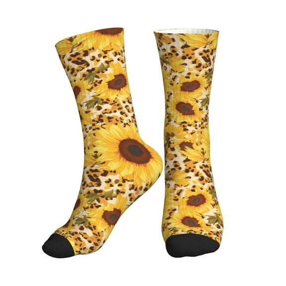 Crew Socks for Women Men Athletic - Abstract Leopard Print Sunflower Soft Comfort Breathable Mid-Calf Sole Running Socks Womens Men