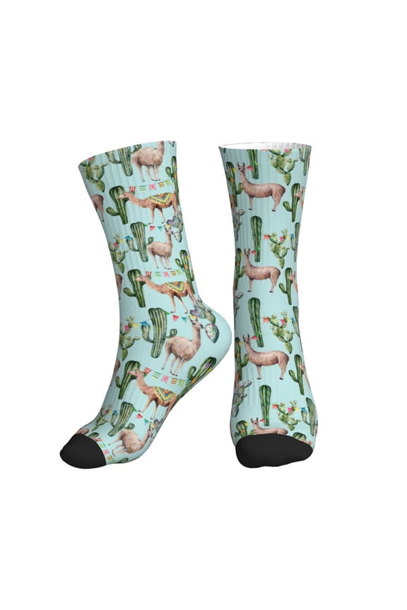 Crew Socks for Women Men Athletic - Alpaca llama cactus flag green Soft Comfort Breathable Mid-Calf Sole Running Socks Womens Men