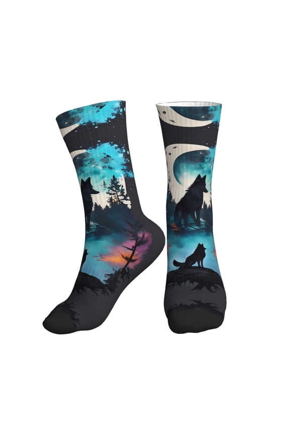 Crew Socks for Women Men Athletic - Artistic Moon Valley Wolf Soft Comfort Breathable Mid-Calf Sole Running Socks Womens Men
