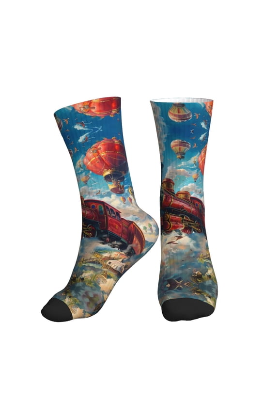 Crew Socks for Women Men Athletic - Beautiful Red Train Hot Air Balloon Soft Comfort Breathable Mid-Calf Sole Running Socks Womens Men