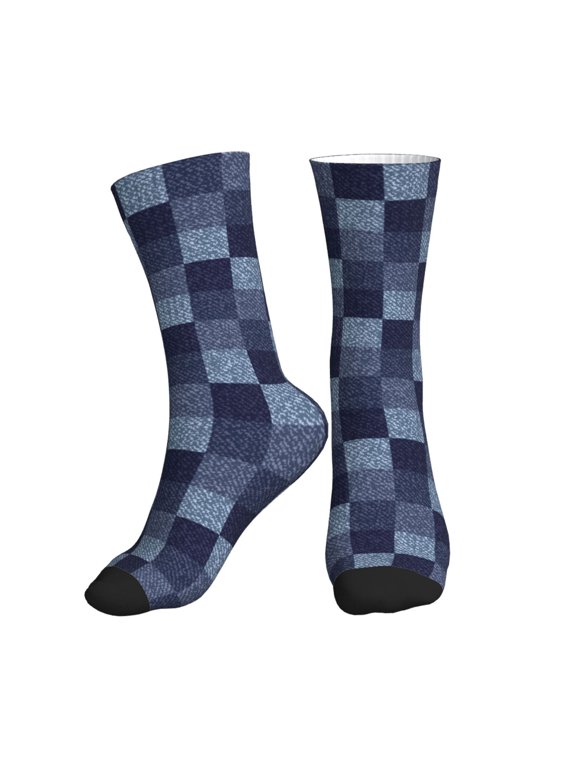 Crew Socks for Women Men Athletic - Blue Gingham Buffalo Check Soft Comfort Breathable Mid-Calf Sole Running Socks Womens Men