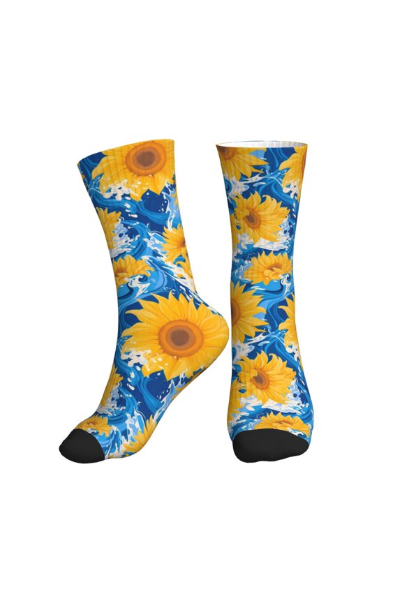 Crew Socks for Women Men Athletic - Blue Ocean Wave Sunflower Soft Comfort Breathable Mid-Calf Sole Running Socks Womens Men