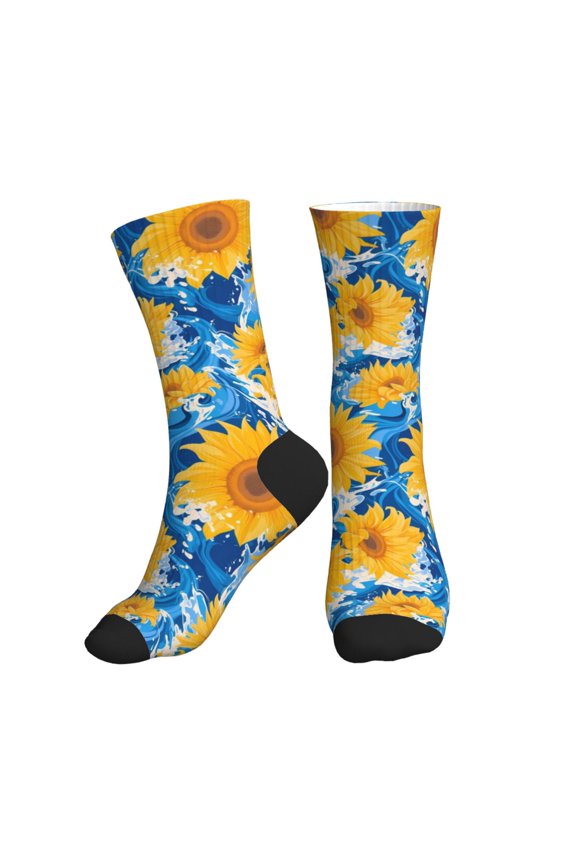 Crew Socks for Women Men Athletic - Blue Ocean Wave Sunflower Soft Comfort Breathable Mid-Calf Sole Running Socks Womens Men