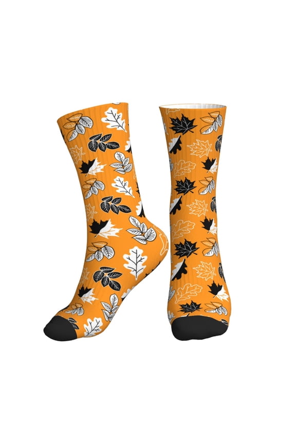 Crew Socks for Women Men Athletic - Bold Black and White Leaves Orange Soft Comfort Breathable Mid-Calf Sole Running Socks Womens Men
