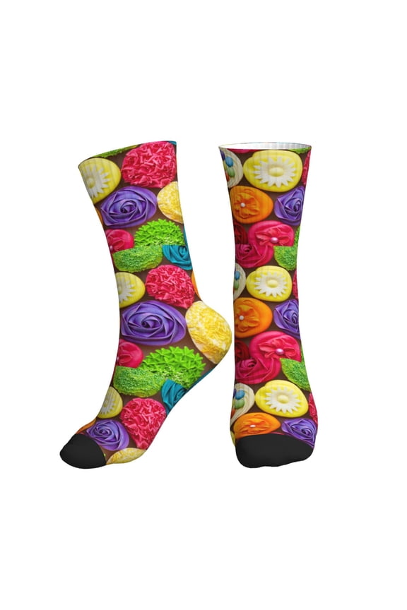 Crew Socks for Women Men Athletic - Brightly Colored Cupcakes Soft Comfort Breathable Mid-Calf Sole Running Socks Womens Men
