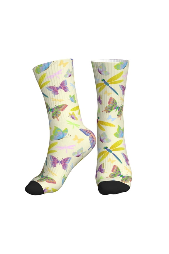 Crew Socks for Women Men Athletic - Brightly Colored Dragonfly Butterfly Soft Comfort Breathable Mid-Calf Sole Running Socks Womens Men