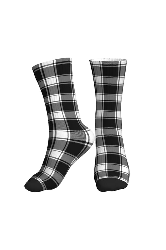 Crew Socks for Women Men Athletic - Buffalo check plaid white black Soft Comfort Breathable Mid-Calf Sole Running Socks Womens Men
