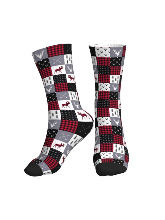 Crew Socks for Women Men Athletic - Buffalo plaid Elk arrows deer moose Soft Comfort Breathable Mid-Calf Sole Running Socks Womens Men
