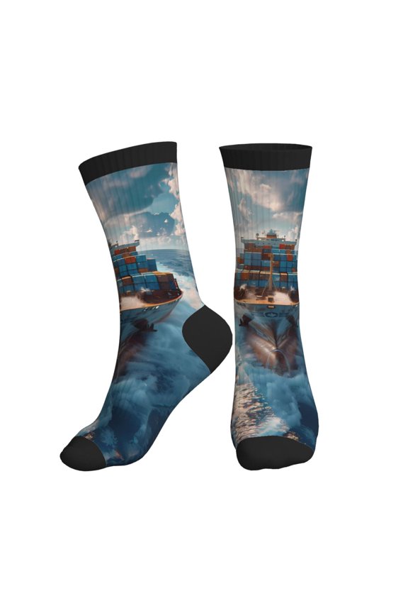 Crew Socks for Women Men Athletic - Cargo Ship At Sea Soft Comfort Breathable Mid-Calf Sole Running Socks Womens Men