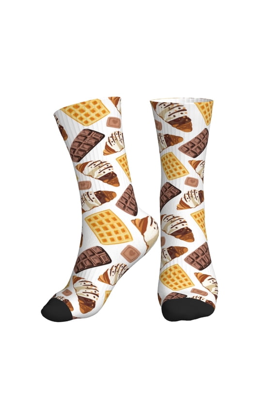 Crew Socks for Women Men Athletic - Chocolate Bread Waffle Print Soft Comfort Breathable Mid-Calf Sole Running Socks Womens Men