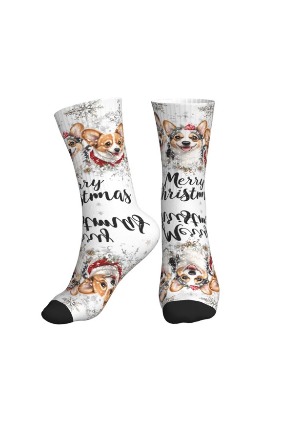 Crew Socks for Women Men Athletic - Christmas Corgi Snowflakes Soft Comfort Breathable Mid-Calf Sole Running Socks Womens Men