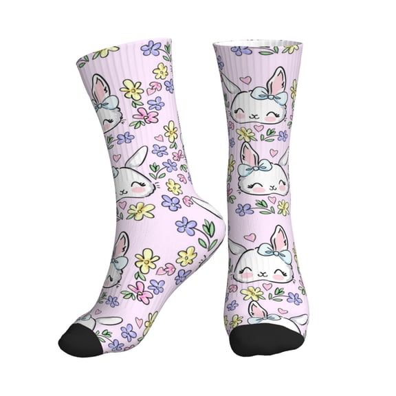 Crew Socks for Women Men Athletic - Classic Cute Rabbit Flower Pink Soft Comfort Breathable Mid-Calf Sole Running Socks Womens Men