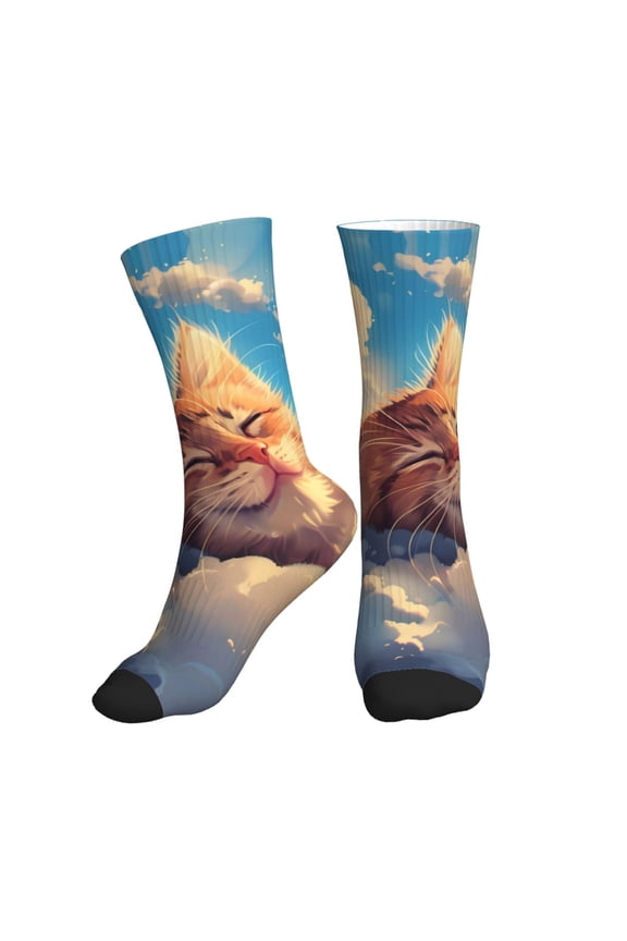 Crew Socks for Women Men Athletic - Cloud Sleeping Cat Soft Comfort Breathable Mid-Calf Sole Running Socks Womens Men