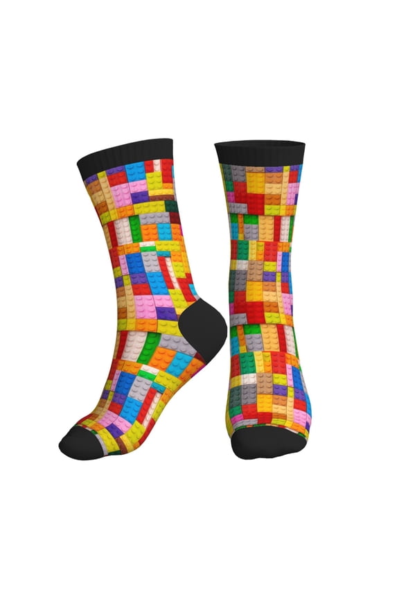 Crew Socks for Women Men Athletic - Colorful Plastic Blocks Pattern Soft Comfort Breathable Mid-Calf Sole Running Socks Womens Men