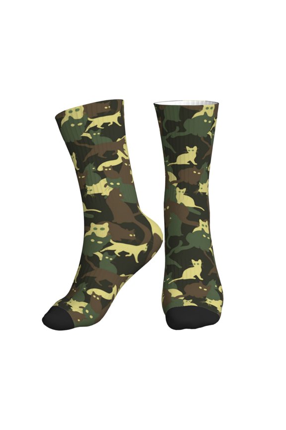 Crew Socks for Women Men Athletic - Cool Cat Green Camouflage Soft Comfort Breathable Mid-Calf Sole Running Socks Womens Men