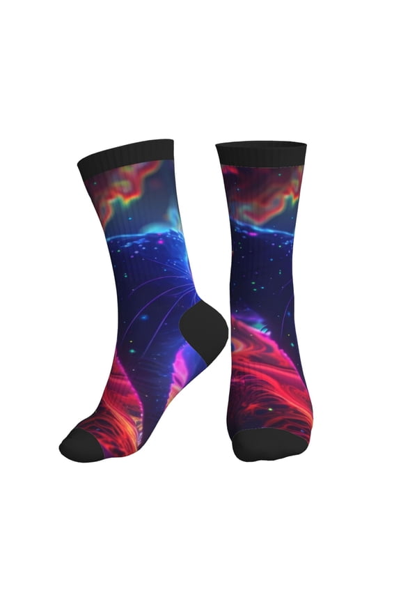 Crew Socks for Women Men Athletic - Cosmic Cat Psychedelic Journey Soft Comfort Breathable Mid-Calf Sole Running Socks Womens Men