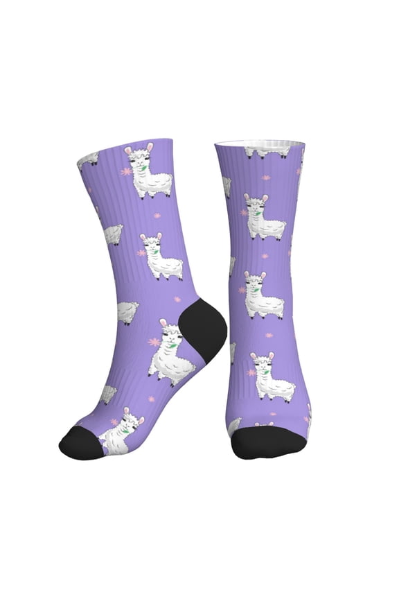 Crew Socks for Women Men Athletic - Cute Alpaca Eating Grass Purple Soft Comfort Breathable Mid-Calf Sole Running Socks Womens Men