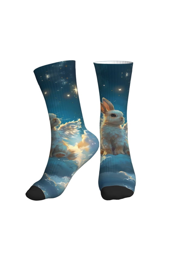 Crew Socks for Women Men Athletic - Cute Angel Winged Rabbit Soft Comfort Breathable Mid-Calf Sole Running Socks Womens Men