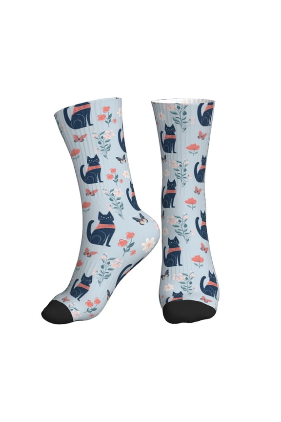 Crew Socks for Women Men Athletic - Cute Cat Butterfly Flower Soft Comfort Breathable Mid-Calf Sole Running Socks Womens Men
