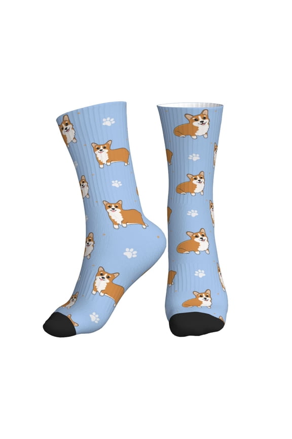 Crew Socks for Women Men Athletic - Cute Corgi Dog Funny Blue Soft Comfort Breathable Mid-Calf Sole Running Socks Womens Men