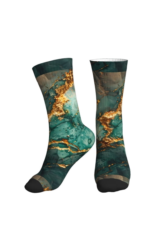 Crew Socks for Women Men Athletic - Emerald Color Gold Marble Soft Comfort Breathable Mid-Calf Sole Running Socks Womens Men