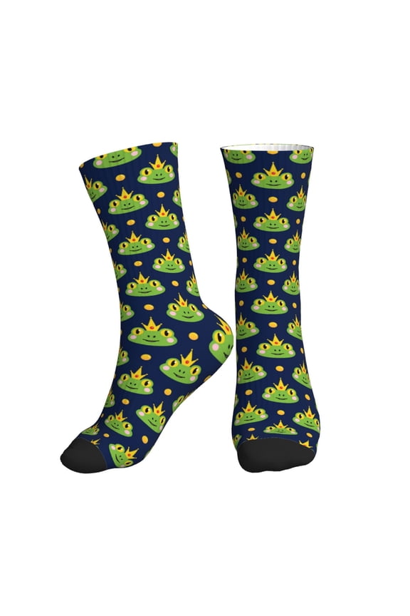 Crew Socks for Women Men Athletic - Frog prince crowns navyblue Soft Comfort Breathable Mid-Calf Sole Running Socks Womens Men