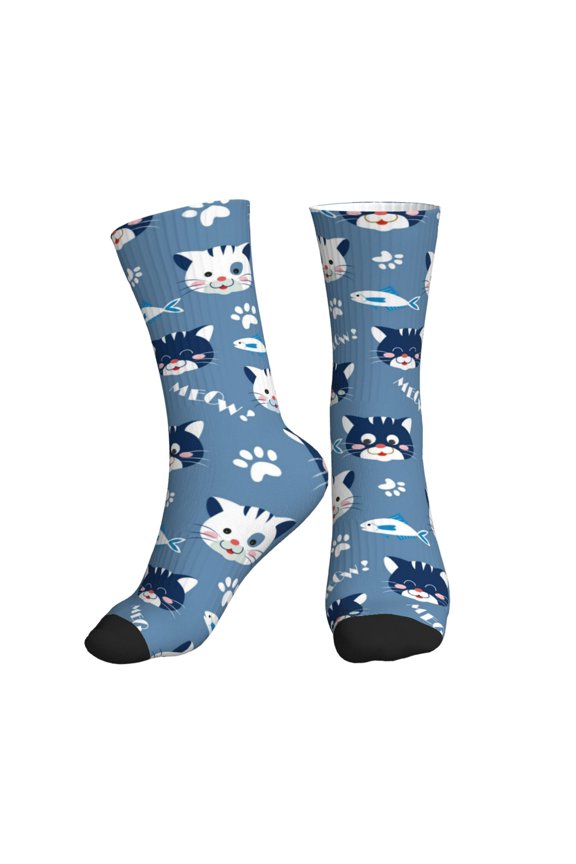 Crew Socks for Women Men Athletic - Funny Cute Cat Face Fish Soft Comfort Breathable Mid-Calf Sole Running Socks Womens Men