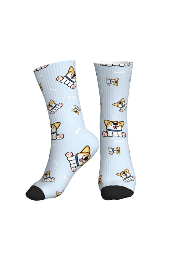 Crew Socks for Women Men Athletic - Funny Cute Corgi Dog Blue Soft Comfort Breathable Mid-Calf Sole Running Socks Womens Men