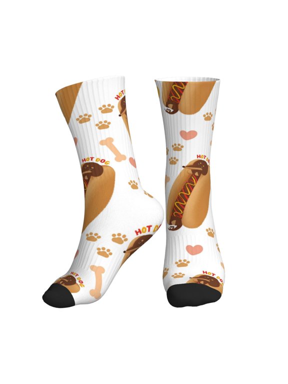 Crew Socks for Women Men Athletic - Funny Dachshund Hot Dog Print Soft Comfort Breathable Mid-Calf Sole Running Socks Womens Men