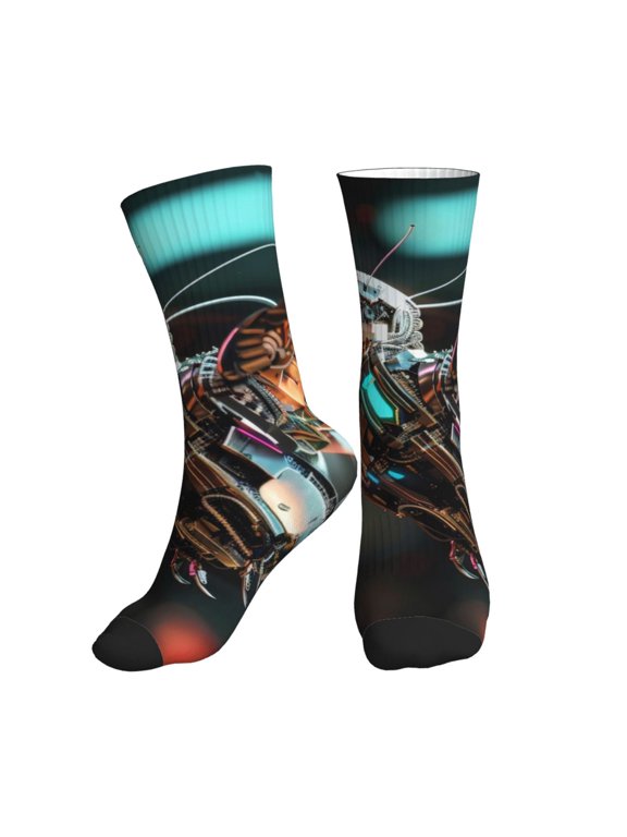 Crew Socks for Women Men Athletic - Futuristic Robot Hummingbird Soft Comfort Breathable Mid-Calf Sole Running Socks Womens Men