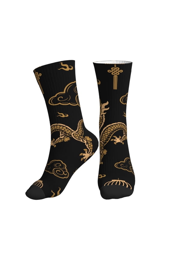 Crew Socks for Women Men Athletic - Golden Chinese Dragon Clouds Soft Comfort Breathable Mid-Calf Sole Running Socks Womens Men