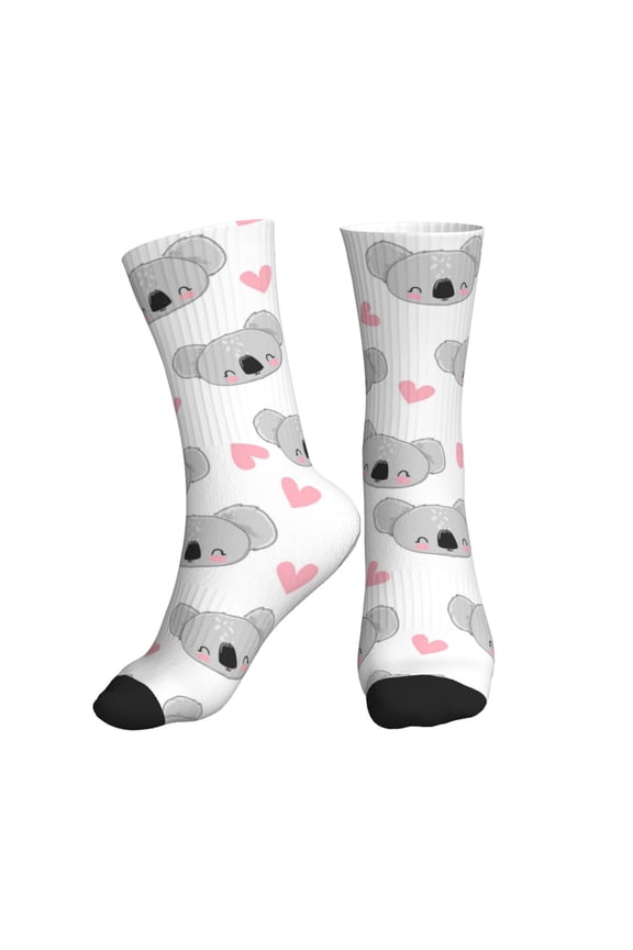 Crew Socks for Women Men Athletic - Gray Koala Pink Heart Soft Comfort Breathable Mid-Calf Sole Running Socks Womens Men