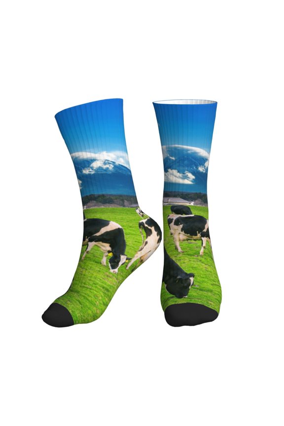 Crew Socks for Women Men Athletic - Grazing Cows Mountain View Soft Comfort Breathable Mid-Calf Sole Running Socks Womens Men