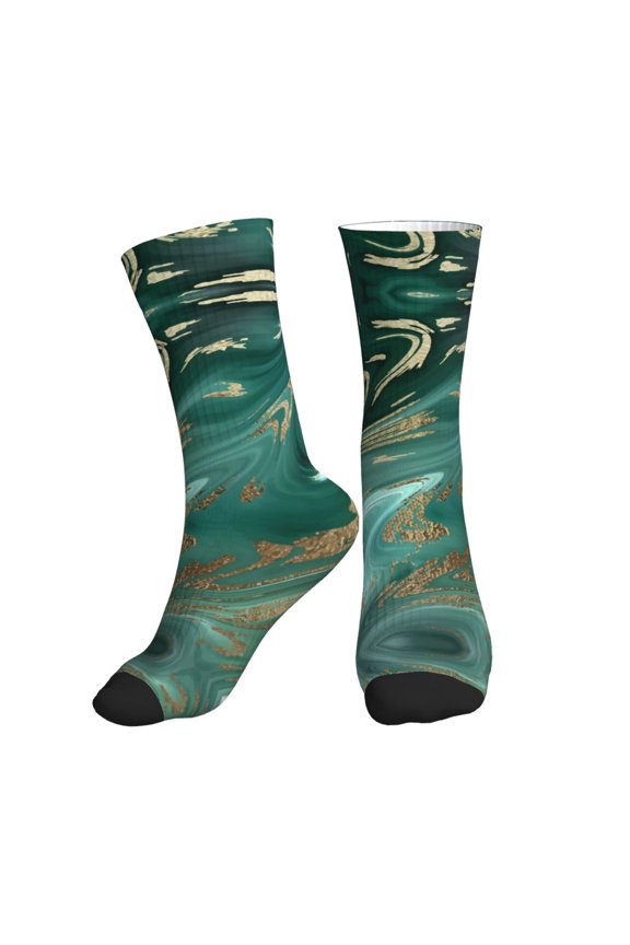 Crew Socks for Women Men Athletic - Green And Gold Marble Soft Comfort Breathable Mid-Calf Sole Running Socks Womens Men