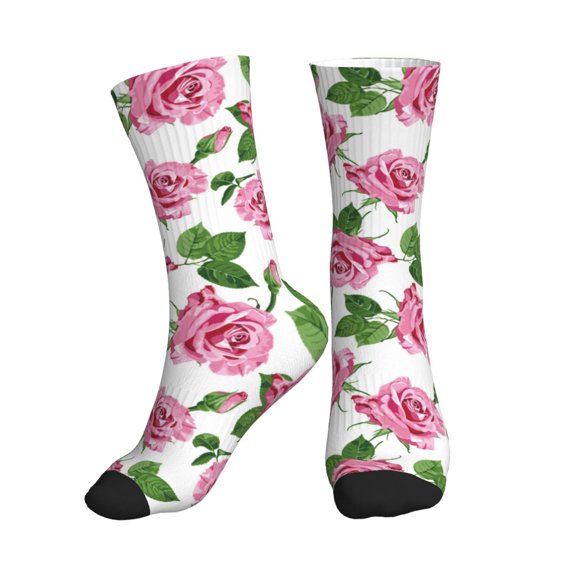 Crew Socks for Women Men Athletic - Green Pink Rose Flowers Soft Comfort Breathable Mid-Calf Sole Running Socks Womens Men
