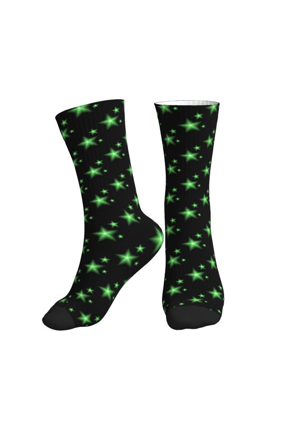 Crew Socks for Women Men Athletic - Green shining stars black cool Soft Comfort Breathable Mid-Calf Sole Running Socks Womens Men