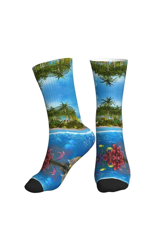 Crew Socks for Women Men Athletic - Island And Coral Reef Soft Comfort Breathable Mid-Calf Sole Running Socks Womens Men