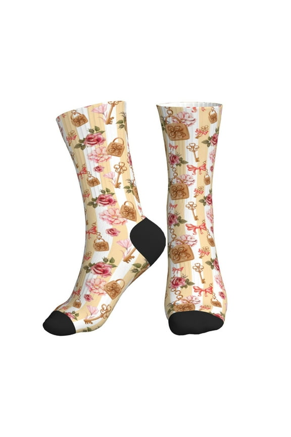 Crew Socks for Women Men Athletic - Key Lock And Flowers Soft Comfort Breathable Mid-Calf Sole Running Socks Womens Men