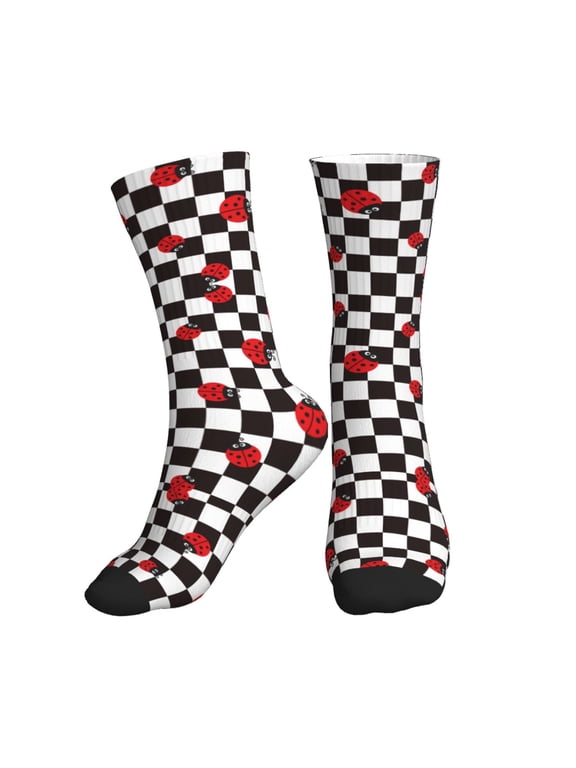 Crew Socks for Women Men Athletic - Ladybugs Of Black And White Checkers Soft Comfort Breathable Mid-Calf Sole Running Socks Womens Men
