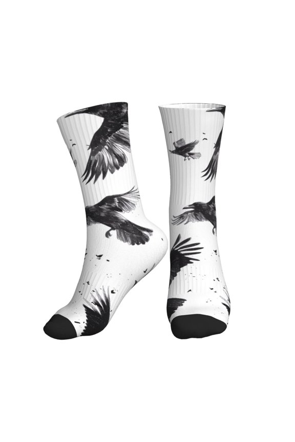 Crew Socks for Women Men Athletic - Monochrome Flying Ravens Soft Comfort Breathable Mid-Calf Sole Running Socks Womens Men