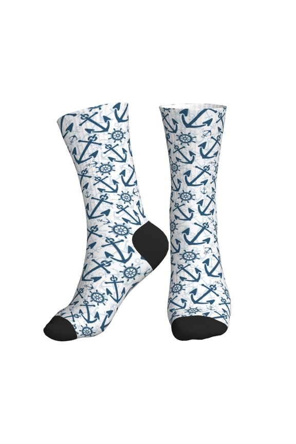 Crew Socks for Women Men Athletic - Nautical Theme Anchors Soft Comfort Breathable Mid-Calf Sole Running Socks Womens Men