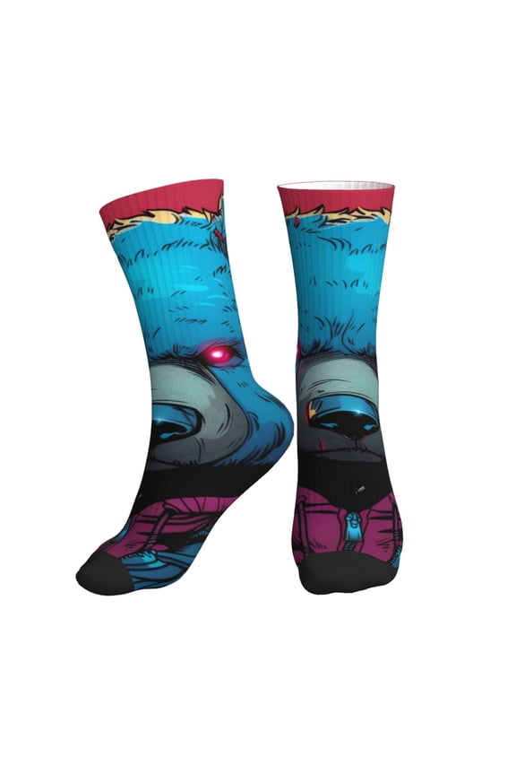 Crew Socks for Women Men Athletic - Neon Cyberpunk Blue Bear Soft Comfort Breathable Mid-Calf Sole Running Socks Womens Men