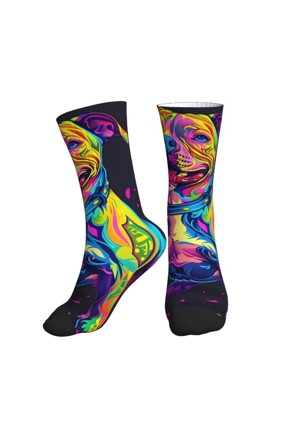 Crew Socks for Women Men Athletic - Neon Pop Art Pitbull Soft Comfort Breathable Mid-Calf Sole Running Socks Womens Men