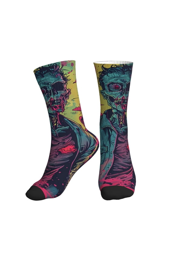 Crew Socks for Women Men Athletic - Neon Zombie Skull Soft Comfort Breathable Mid-Calf Sole Running Socks Womens Men