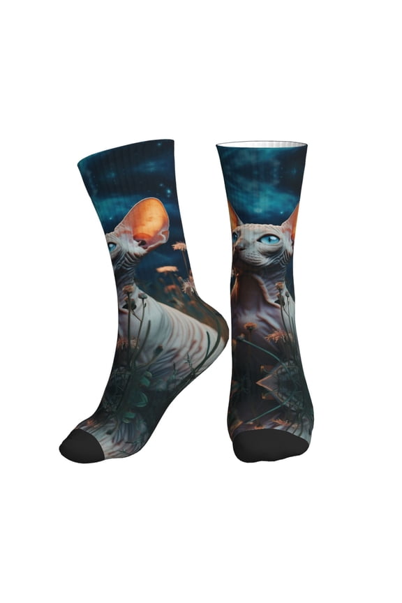 Crew Socks for Women Men Athletic - Night Sky Dandelion Cat Soft Comfort Breathable Mid-Calf Sole Running Socks Womens Men