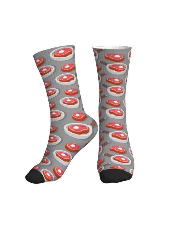 Crew Socks for Women Men Athletic - Pan Fried Steak Print Soft Comfort Breathable Mid-Calf Sole Running Socks Womens Men