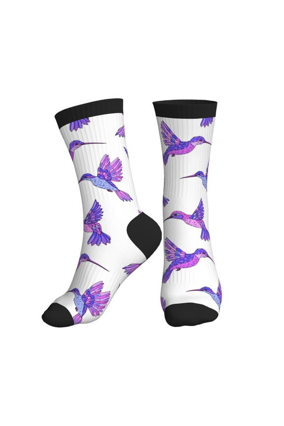 Crew Socks for Women Men Athletic - Purple Hummingbird Soft Comfort Breathable Mid-Calf Sole Running Socks Womens Men