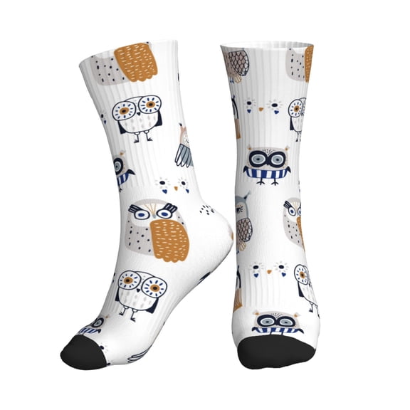 Crew Socks for Women Men Athletic - Quirky Doodle Owl White Soft Comfort Breathable Mid-Calf Sole Running Socks Womens Men