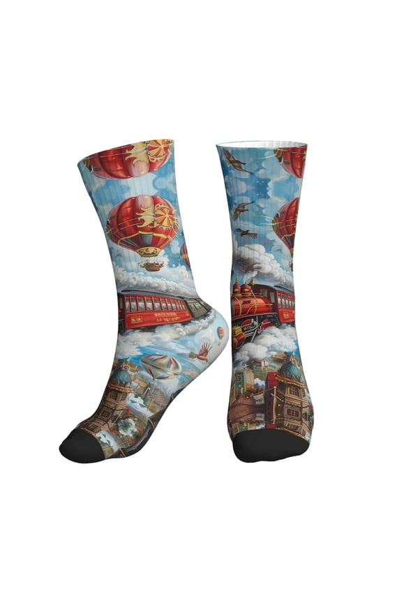 Crew Socks for Women Men Athletic - Red Train Hot Air Balloon Soft Comfort Breathable Mid-Calf Sole Running Socks Womens Men