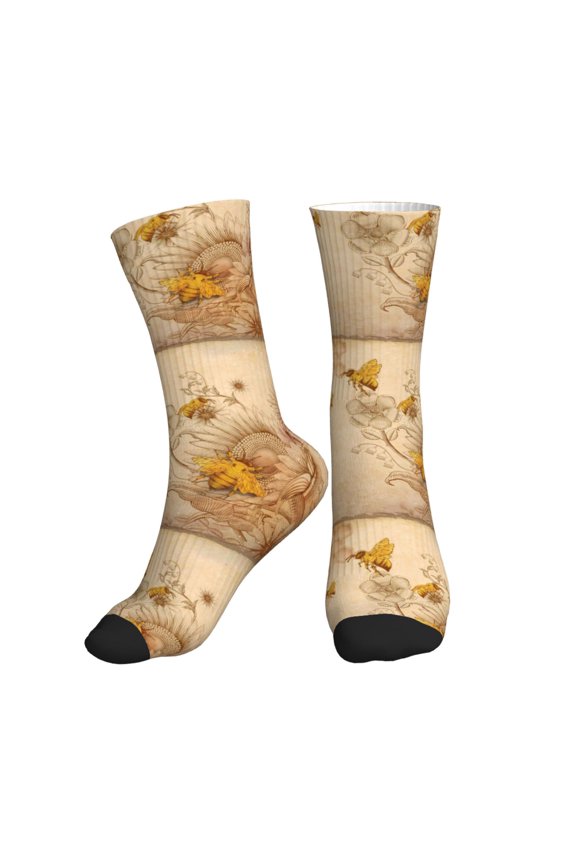 Crew Socks for Women Men Athletic - Retro Hand Drawn Honey Bees Sunflowers Soft Comfort Breathable Mid-Calf Sole Running Socks Womens Men